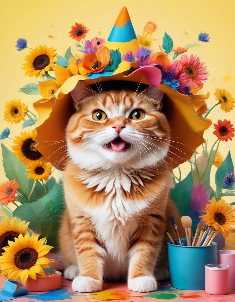 A whimsical display of unique, colorful specialty hats, each with playful designs like a smiling sunflower, a quirky cat, and a vibrant rainbow. Surrounding the hats, a whimsical background of a creative workshop with paint splashes and art supplies, creating an energetic and joyful atmosphere. Soft, warm lighting to enhance the sense of happiness and creativity. playful illustration. vibrant colors. slight cartoonish style.