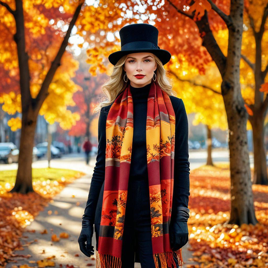 A chic figure wearing a stylish top hat, surrounded by various fashionable accessories like scarves and gloves, set in a vibrant autumn landscape with colorful foliage. The scene conveys a sense of joy and elegance, enhancing the concept of trendy styles for the season. Soft sunlight filtering through the trees adds a warm, inviting glow. painting. vibrant colors. autumn theme.