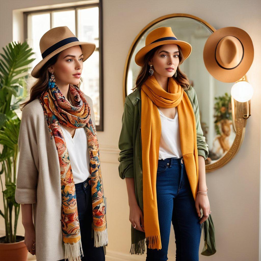 A fashionable person trying on different headwear styles, including a chic fedora, a trendy beanie, and a colorful sun hat, standing in front of a stylish mirror with a warm, inviting light. Display various accessories like scarves and jewelry scattered artistically around to enhance the fashion theme. The background should be a cozy, stylish room filled with plants and soft textures. vibrant colors. super-realistic.